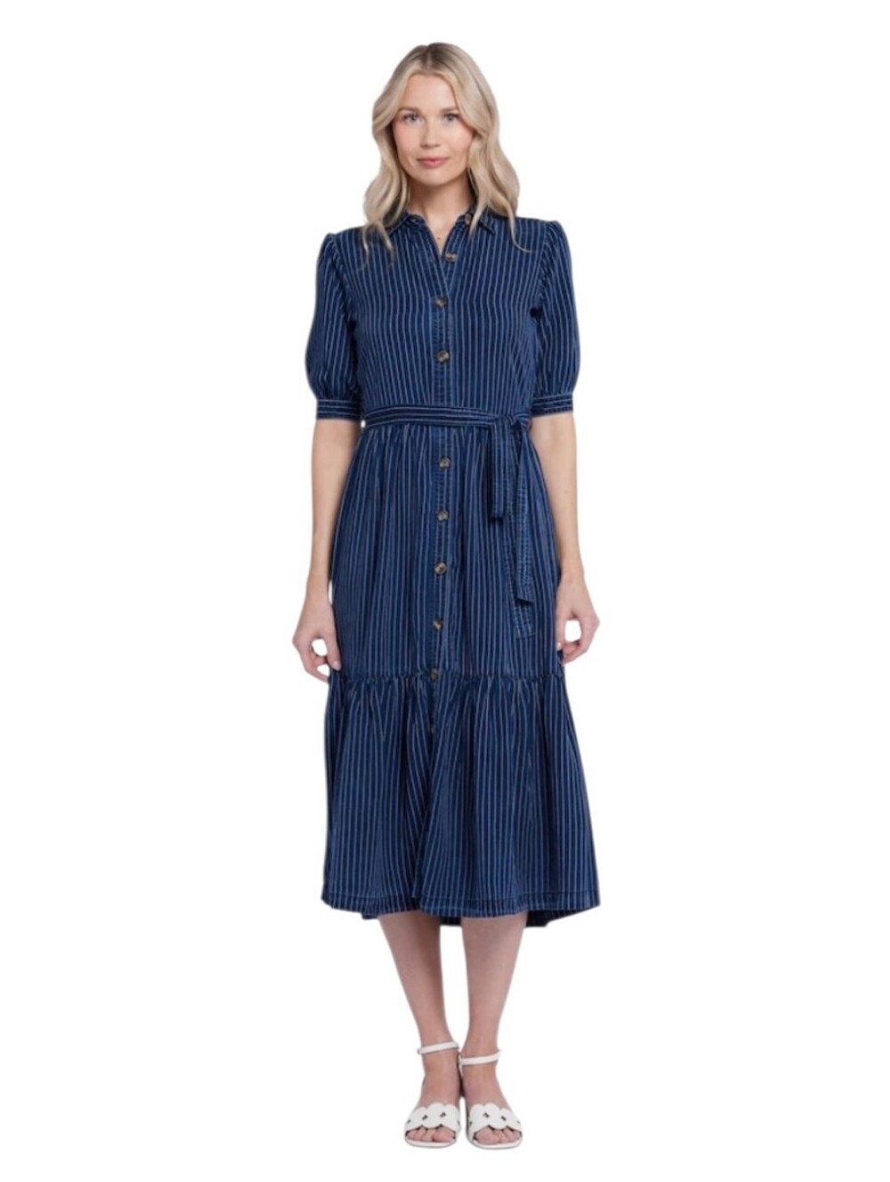 NYDJ Dark Oceam Pinstripe Button-Front Midi Kate Ruffle Dress